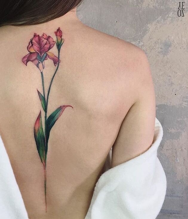 Tatuagem com flor colorida nas costas 8