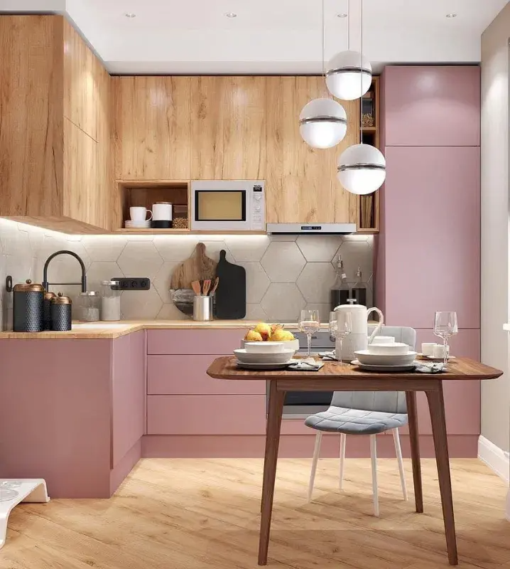 cozinha cor de rosa armarios rosa com madeirado