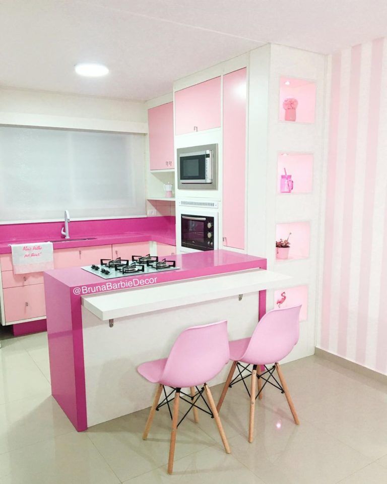 cozinha cor de rosa bancada rosa