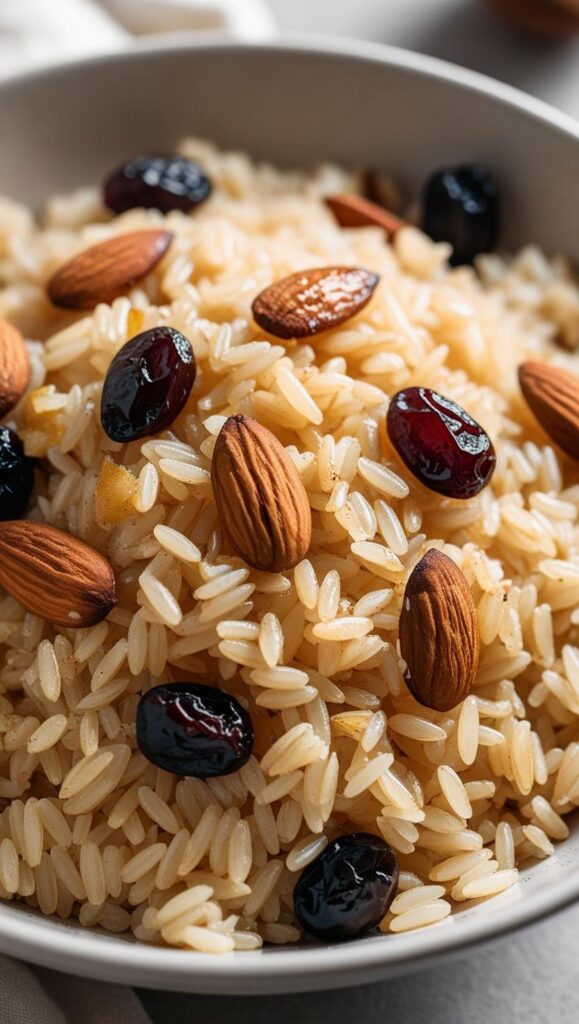 arroz de natal com amêndoas e uva passas