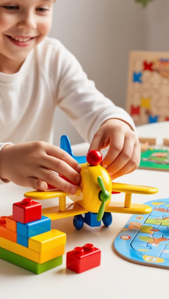 Criança de 8-11 anos brincando com quebra-cabeça, jogando jogo de tabuleiro e_ou montando um avião de blocos de montar