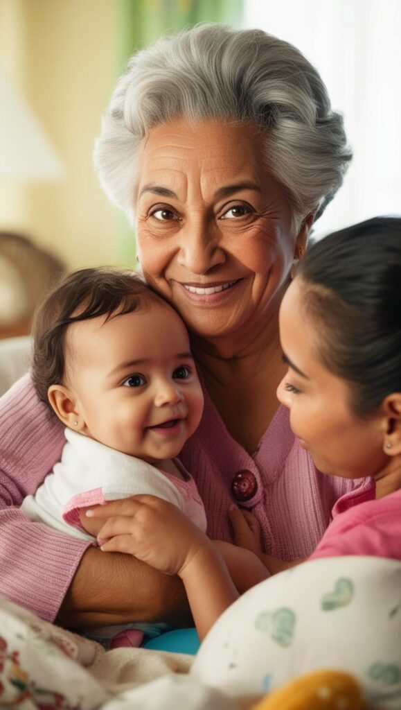 Avó jovem brasileira, com 50 anos, neta de 1 ano, mãe do bebê. Todos em uma rotina cotidiana